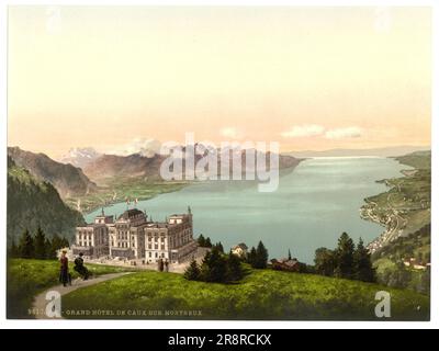 Grand Hotel de Caux con Rochers de Naye e Lago di Ginevra, Caux, Montreux, Vaud, Svizzera 1890. Foto Stock