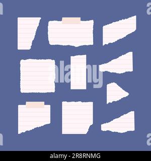 Set di lacerazioni vuote, strappate con linea bianca, note, pezzi di carta per notebook illustrazioni vettoriali. Illustrazione Vettoriale