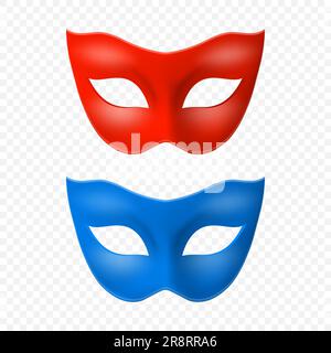 Vector 3D realistico vuoto Carnevale Rosso e Blu maschera vintage Set icone Closeup isolato. Maschera Hero per Carnevale, festa, occhiali Masquerade. Design Illustrazione Vettoriale