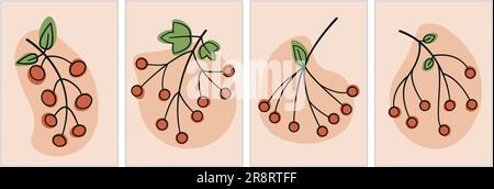 Linea floreale minima e arte del colore con frutti di bosco Illustrazione Vettoriale
