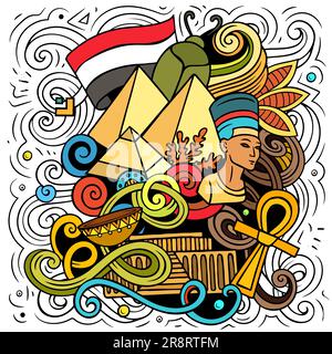 Egitto fumetto illustrazione. Design divertente. Sfondo vettoriale creativo con elementi e oggetti di paese africano. Composizione colorata Illustrazione Vettoriale