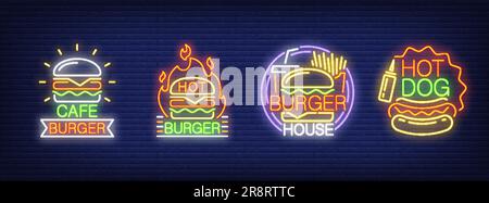 Collezione di insegne al neon per Burger fast food Cafe Illustrazione Vettoriale