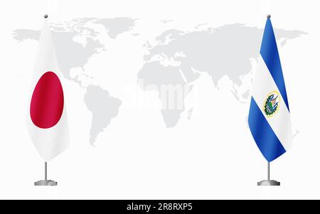 Bandiere del Giappone e di El Salvador per l'incontro ufficiale sullo sfondo della mappa mondiale. Illustrazione Vettoriale