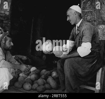 Kurdistan - punto di pericolo di Medio Oriente -- le estremità delle scatole di benzina di quattro galloni dell'esercito britannico rinforzano le pareti di questo stalle del fornitore curdo della frutta. Agosto 19, 1949. (Foto di stampa pittorica). Foto Stock