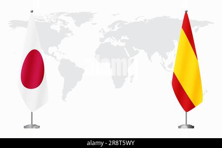 Bandiere del Giappone e della Spagna civile per l'incontro ufficiale sullo sfondo della mappa mondiale. Illustrazione Vettoriale