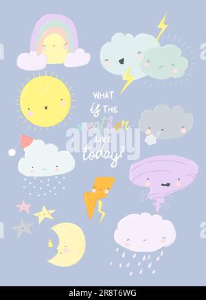 Set clima carino. Previsioni meteorologiche emotive. Bel sole e nuvole felici Illustrazione Vettoriale