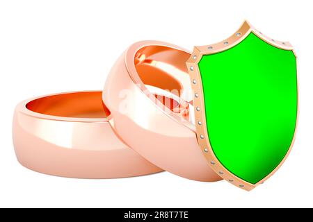 Fedi nuziali dorati con scudo. Rendering 3D isolato su sfondo bianco Foto Stock