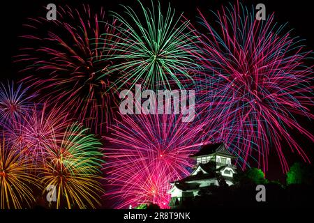 Castello di Inuyama e fuochi d'artificio Foto Stock