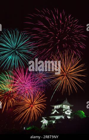 Castello di Inuyama e fuochi d'artificio Foto Stock