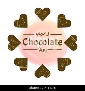 Adesivo di design World Chocolate Day. Blocchi di cioccolato in stile cartone animato. Illustrazione vettoriale isolata su sfondo bianco. Illustrazione Vettoriale