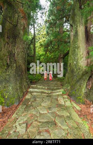 Donne che camminano lungo i gradini del percorso di pellegrinaggio di Daimonzaka vestite con costumi del periodo Heian Foto Stock