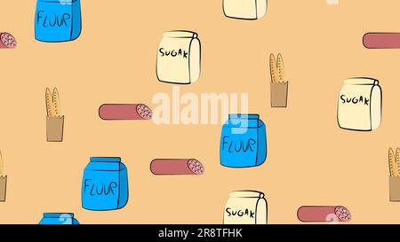 Senza cuciture motivo farina zucchero baguette salsiccia fast food delizioso dolce fresco bello su uno sfondo giallo. La trama è infinita. Illustrazione Vettoriale