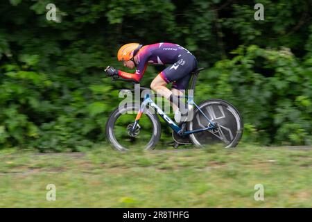 Oak Ridge, Tennessee, USA. 22 giugno 2023. USA Cycling Time Trial National Championships, Oak Ridge, Tennessee, USA. 22 giugno 2023. Chad Haga della squadra di ciclismo Human Powered Health nella ricerca individuale degli uomini. Crediti: Casey B. Gibson/Alamy Live News Foto Stock