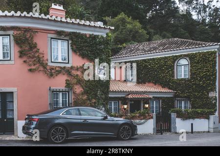 Lisbona, Portogallo - 5 marzo 2023: Impianto di viti di edera verde che ricopre il muro di un condominio intorno alle finestre Foto Stock