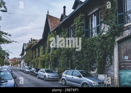 Lisbona, Portogallo - 5 marzo 2023: Impianto di viti di edera verde che ricopre il muro di un condominio intorno alle finestre Foto Stock