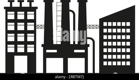 Vettore di fabbrica, produzione e impianti. Raffineria di petrolio. Icone della silhouette di fabbrica. Magazzino industriale. Illustrazione Vettoriale