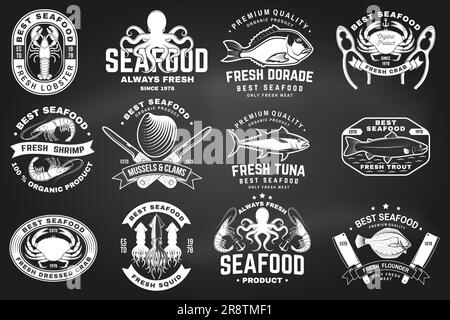 Set di migliori badge di pesce. Tonno fresco, polpo, trota, gamberetti, granchio vestito, cozze e vongole. Vettore. Per emblema di pesce, cartello, cerotto, camicia, menu Illustrazione Vettoriale