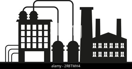 Vettore di fabbrica, produzione e impianti. Raffineria di petrolio. Icone della silhouette di fabbrica. Magazzino industriale. Illustrazione Vettoriale