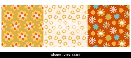 Set estivo con motivo floreale Daisy anni '70 retro senza cuciture Illustrazione Vettoriale
