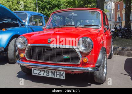 Una Austin Rover Mini rossa degli anni '1980 ad una mostra di auto d'epoca. Foto Stock