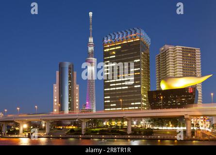 Il fiume Sumidagawa, il Tokyo Skytree e l'Asahi Beer Building di notte Foto Stock