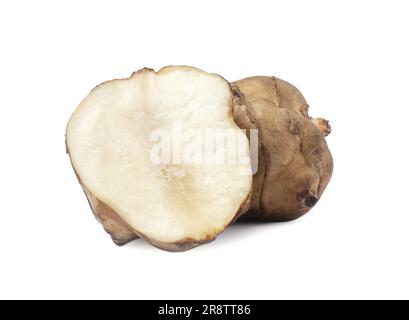 Tagliare i carciofi di Gerusalemme isolati su bianco. Cibo esotico Foto Stock