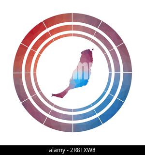 Distintivo Fuerteventura. Logo a gradiente luminoso dell'isola in basso stile poly. Multicolore Fuerteventura segno rotondo con mappa in stile geometrico per il vostro in Illustrazione Vettoriale