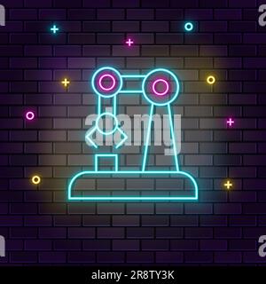 Mano, robotica, icona del braccio, neon sulla parete. Sfondo scuro muro icona neon muro. Illustrazione Vettoriale