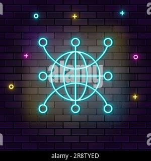 Web, globale, rete, icona del mondo , neon sulla parete. Icona al neon a parete in mattoni con sfondo scuro. Illustrazione Vettoriale