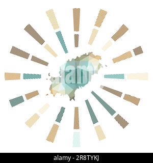 Ibiza Sunburst. Basse razze a strisce poly e mappa dell'isola. Illustrazione vettoriale di classe. Illustrazione Vettoriale