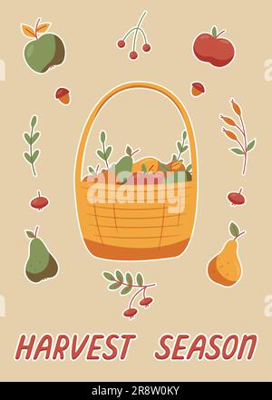cestino in stile cartone animato con frutta, frutti di bosco e noci per adesivi, poster, cartoline, decorazioni Illustrazione Vettoriale
