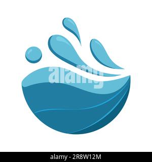 Elementi piatti vettoriali spruzzi d'acqua. Concetto di risparmio ambientale con gocce d'acqua, onde liquide e foglie verdi. Elemento Aqua Drop. Illustrazione Vettoriale