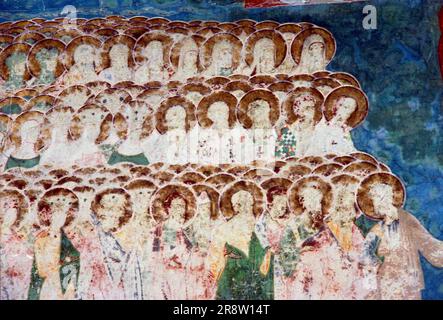 Comune di Arbore, Contea di Suceava, Romania, circa 1998. Affresco all'esterno del monastero di Arbore, monumento storico del 1502. Foto Stock