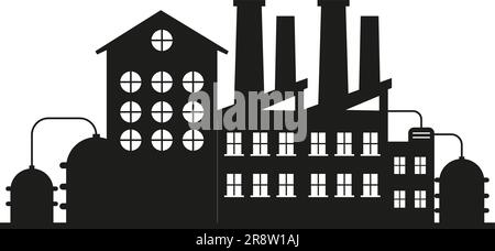 Vettore di fabbrica, produzione e impianti. Raffineria di petrolio. Icone della silhouette di fabbrica. Magazzino industriale. Illustrazione Vettoriale