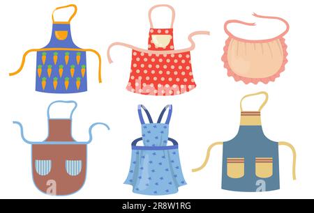 Graziosi grembiuli da cucina con set di oggetti piatti a motivi Illustrazione Vettoriale