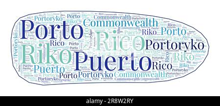 Forma Porto Rico con il nome del paese in molte lingue. Mappa di Porto Rico in stile nuvola di parole. Attraente illustrazione vettoriale. Illustrazione Vettoriale