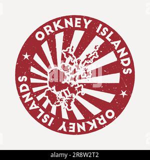 Francobollo delle isole Orcadi. Viaggia con il timbro di gomma rosso con la mappa dell'isola, illustrazione vettoriale. Può essere utilizzato come insegna, logotipo, etichetta, adesivo o badge Illustrazione Vettoriale