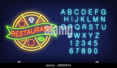 Lettere del ristorante, pizza, alfabeto inglese e numeri Illustrazione Vettoriale
