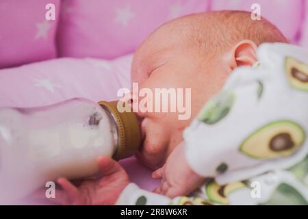 Un neonato beve autonomamente latte o una miscela secca da un biberon, a casa Foto Stock