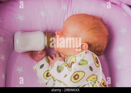 Un neonato beve autonomamente latte o una miscela secca da un biberon, a casa Foto Stock