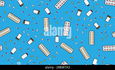 Struttura senza cuciture di infinite compresse di medicina ripetitiva pillole capsule dragee registra lattine di confezioni con farmaci vitamine farmaci su un ba blu Illustrazione Vettoriale
