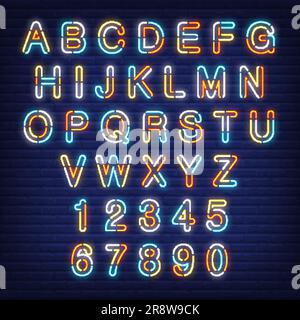 Alfabeto inglese e numeri colorato neon segno Illustrazione Vettoriale