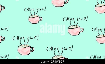 Texture senza cuciture motivo di tazze con un manico di caldo delizioso tonificante caffè nero dipinto ad acqua pennelli e una scritta di s Illustrazione Vettoriale