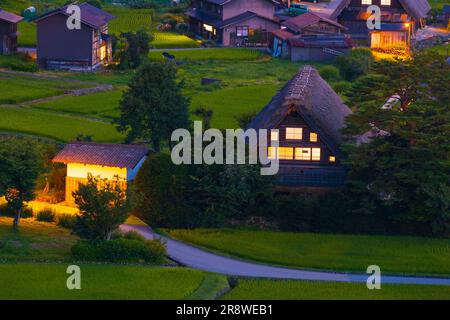 Vista notturna del villaggio di Shirakawa-go Gassho-zukuri Foto Stock