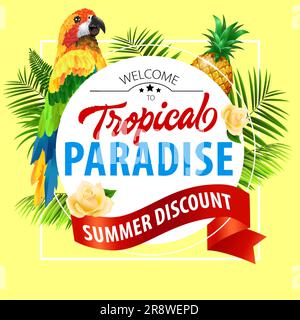 Paradiso tropicale, sconto estivo con scritta di pappagallo Illustrazione Vettoriale
