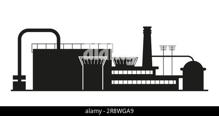 Vettore di fabbrica, produzione e impianti. Raffineria di petrolio. Icone della silhouette di fabbrica. Magazzino industriale. Illustrazione Vettoriale