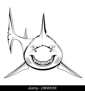Squalo bianco. Illustrazione vettoriale di un pesce predatore più grande di uno schizzo. Sorriso e denti furiosi e spaventosi. Illustrazione Vettoriale
