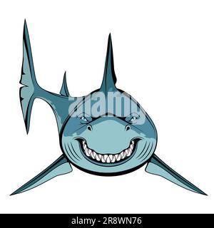 Squalo bianco. Illustrazione vettoriale di un pesce predatore più grande. Sorriso e denti furiosi e spaventosi. Illustrazione Vettoriale