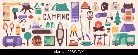 Preparati a viaggiare verso le montagne. Pesca e campeggio estivo all'aperto. Escursioni con zaini. Vacanze estive nella foresta. Veicolo colorato Illustrazione Vettoriale