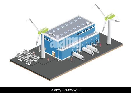 Centro logistico di distribuzione Isometric con pannelli solari e turbine eoliche. Magazzini di stoccaggio con veicoli industriali. Illustrazione vettoriale. Illustrazione Vettoriale